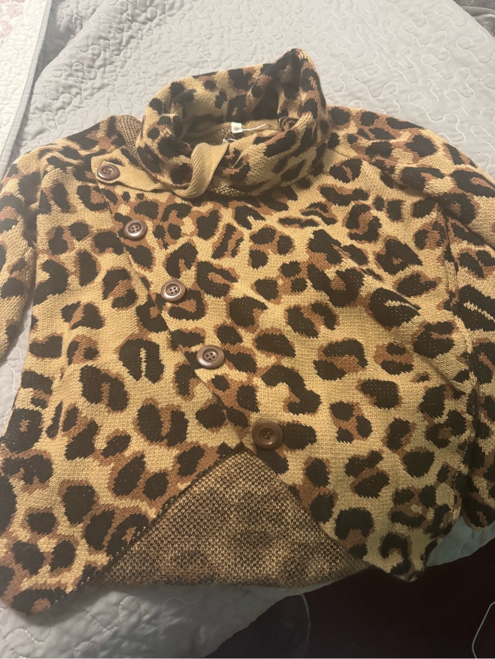 Leopard Print Button-Front Cowl Neck Sweater - Tan/Black